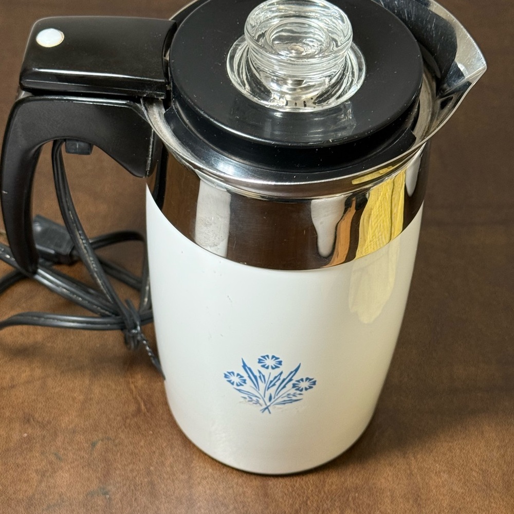 Corningware White Coffee Percolator with Blue Floral Design and Black Handle - Picture 2 of 16